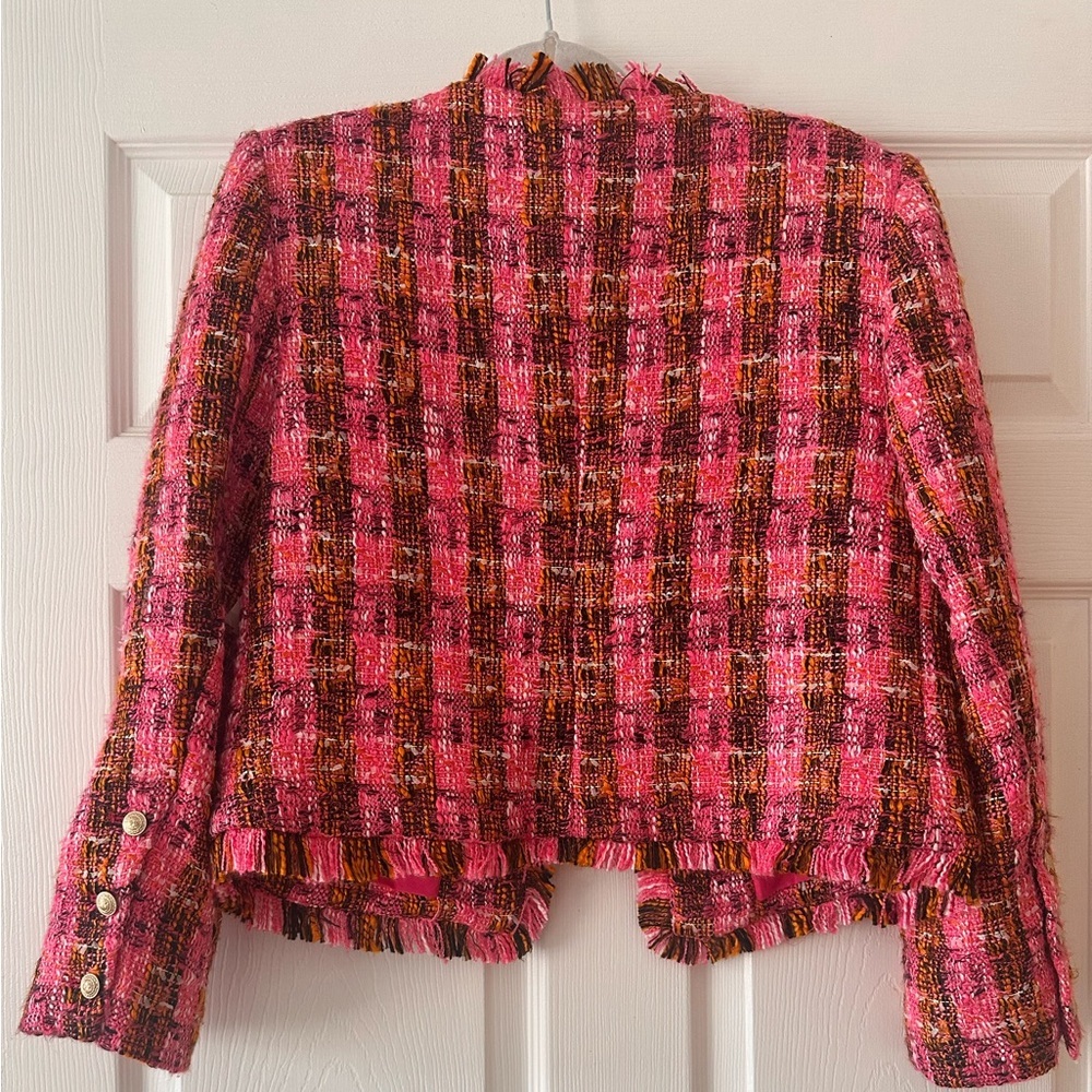 L'Agence 'Angelina' Tweed Raw-Trim Open-Front Blazer Jacket, Fuchsia Pink/Orange - Picture 6 of 9